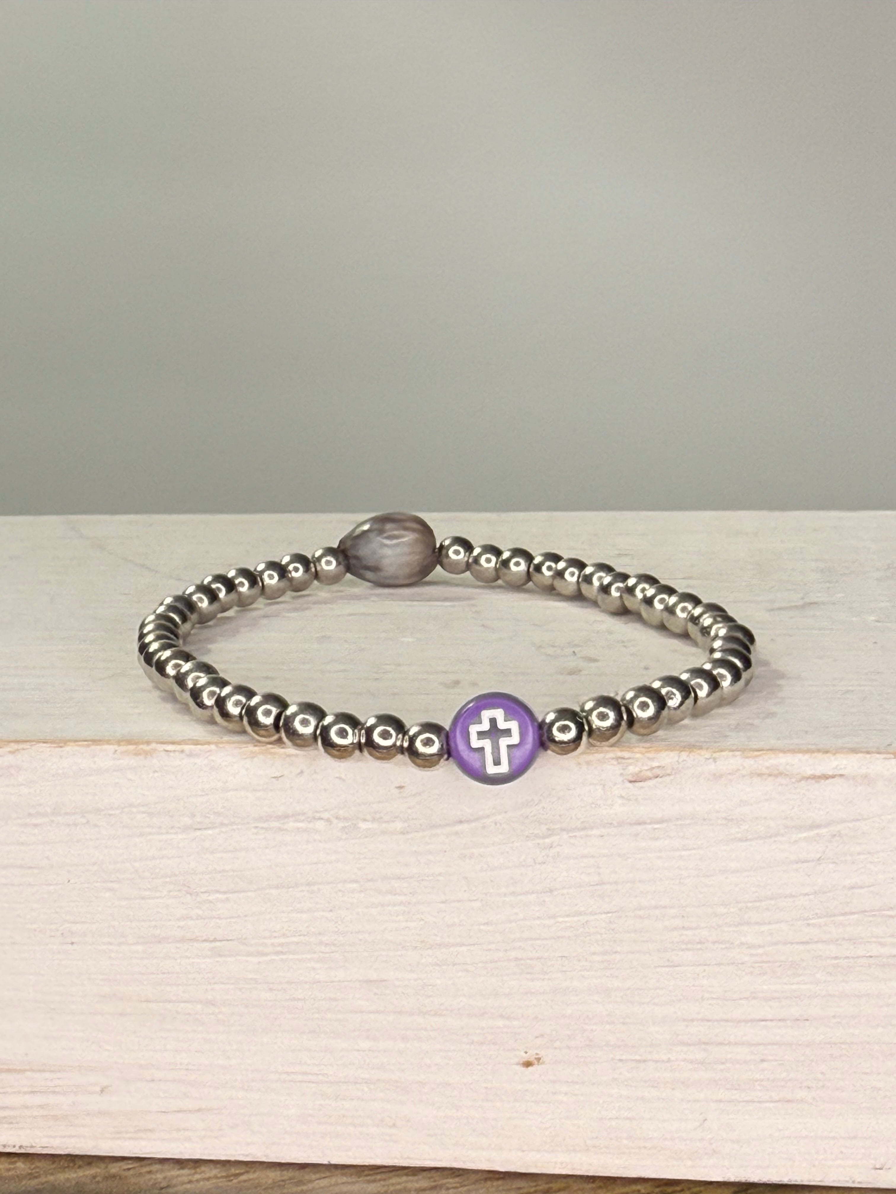 PURPLE CROSS SILVER BEAD BRACELET
