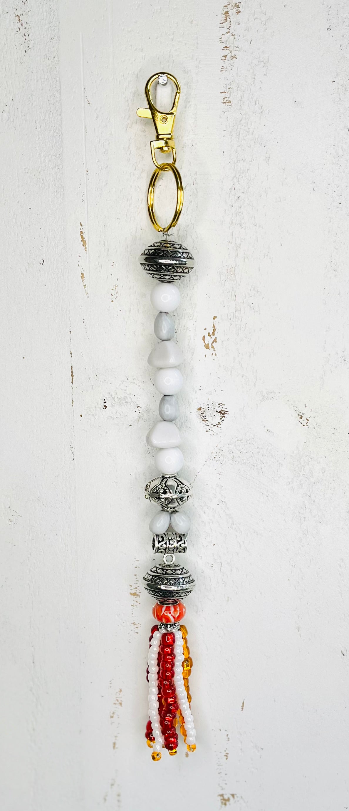 Elegant White & Red Beaded Keychain / Purse Charm – 10” Length