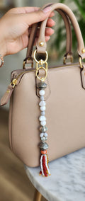 Elegant White & Red Beaded Keychain / Purse Charm – 10” Length