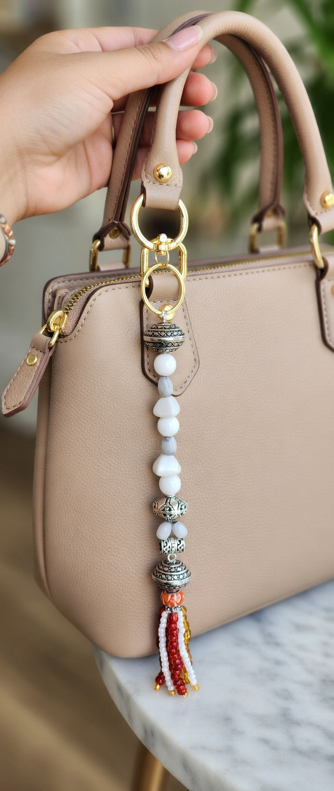 Elegant White & Red Beaded Keychain / Purse Charm – 10” Length